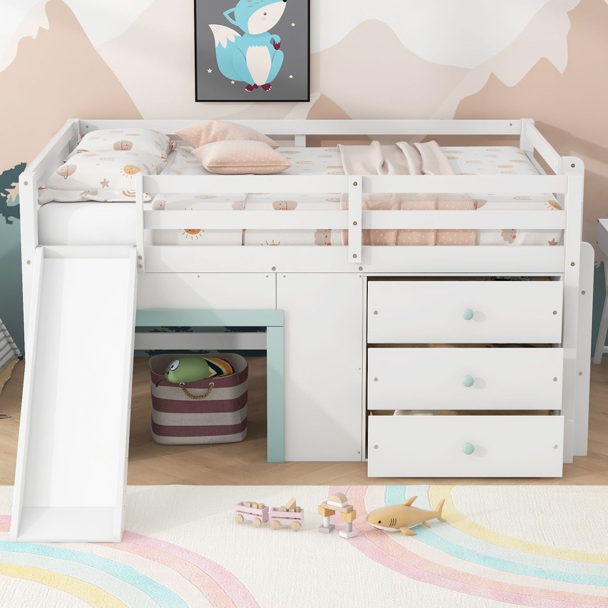Modern Low Loft Bed With Slide, 3 Storage Drawers, And 2 Doors - Loft Beds available at Alpine Outlets in Denver
