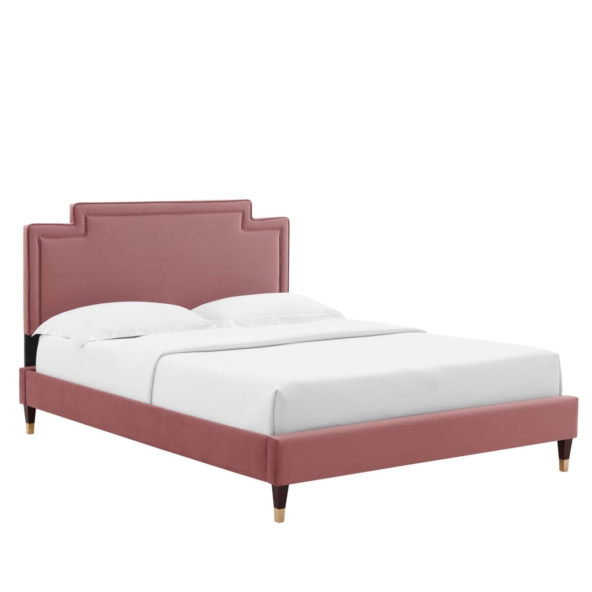 Modern Performance Velvet Platform Bed with French Piping and Gold Detail - Platform Bed available at Alpine Outlets in Denver