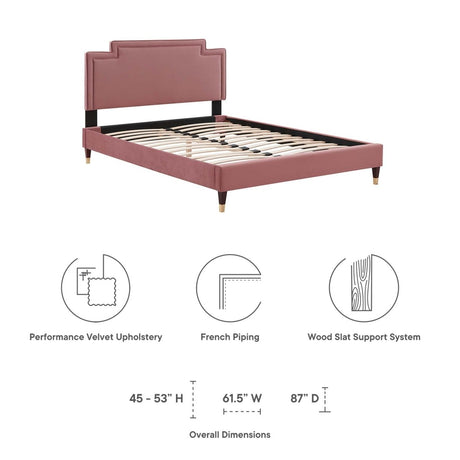 Modern Performance Velvet Platform Bed with French Piping and Gold Detail - Platform Bed available at Alpine Outlets in Denver