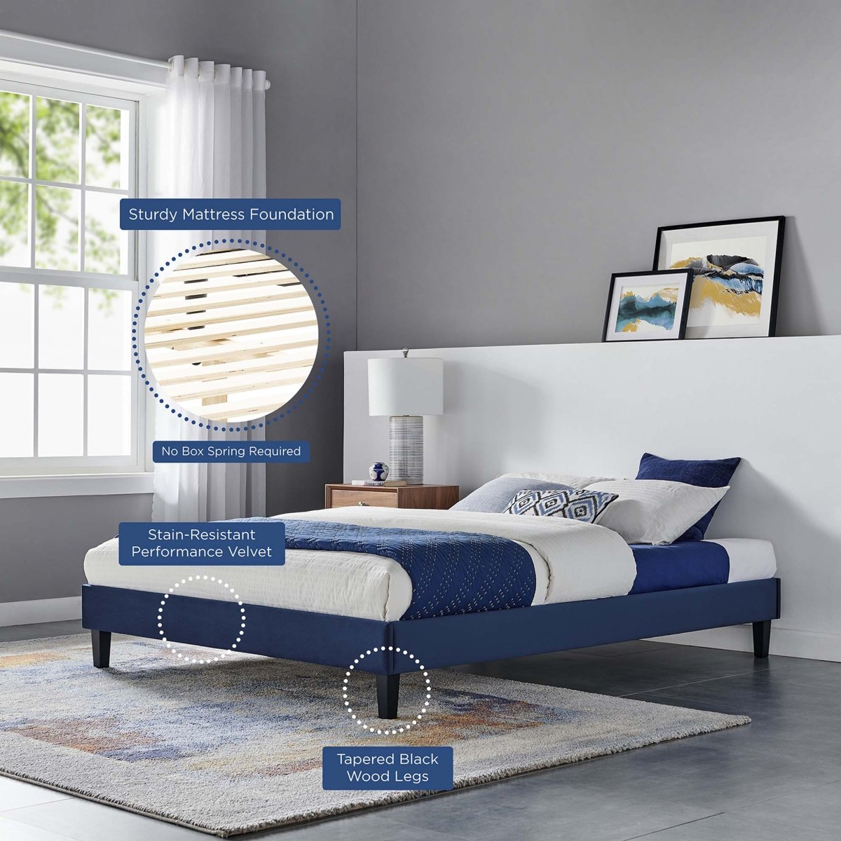 Modern Performance Velvet Platform Bed with French Piping - Platform Bed available at Alpine Outlets in Denver