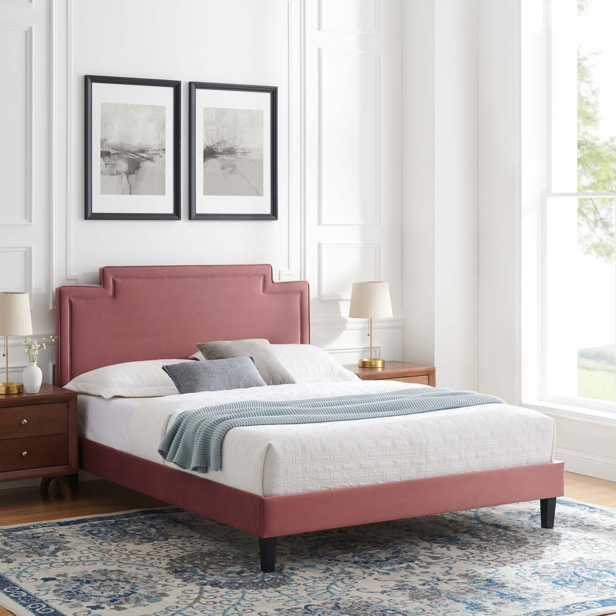 Modern Performance Velvet Platform Bed with French Piping - Platform Bed available at Alpine Outlets in Denver