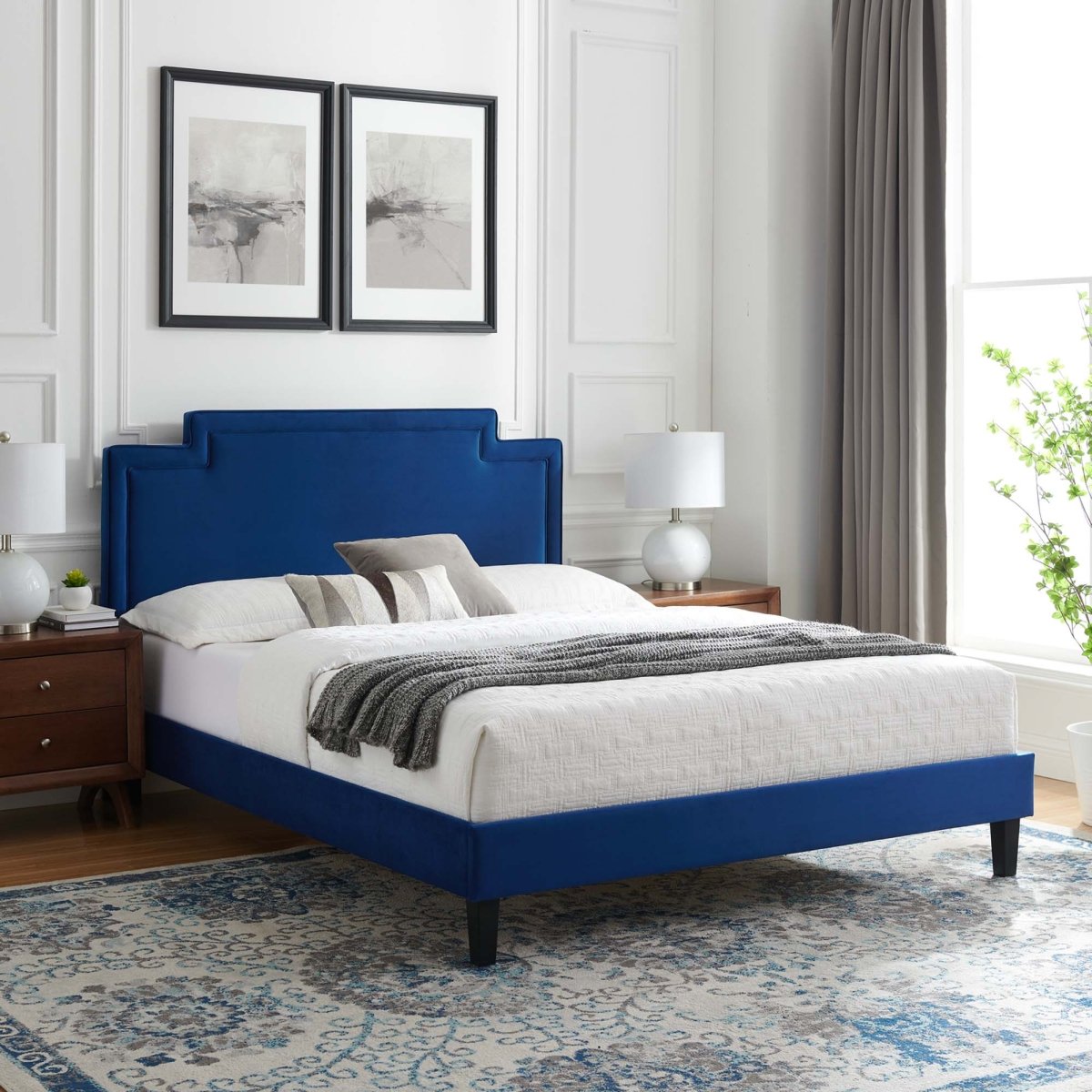 Modern Performance Velvet Platform Bed with French Piping - Platform Bed available at Alpine Outlets in Denver