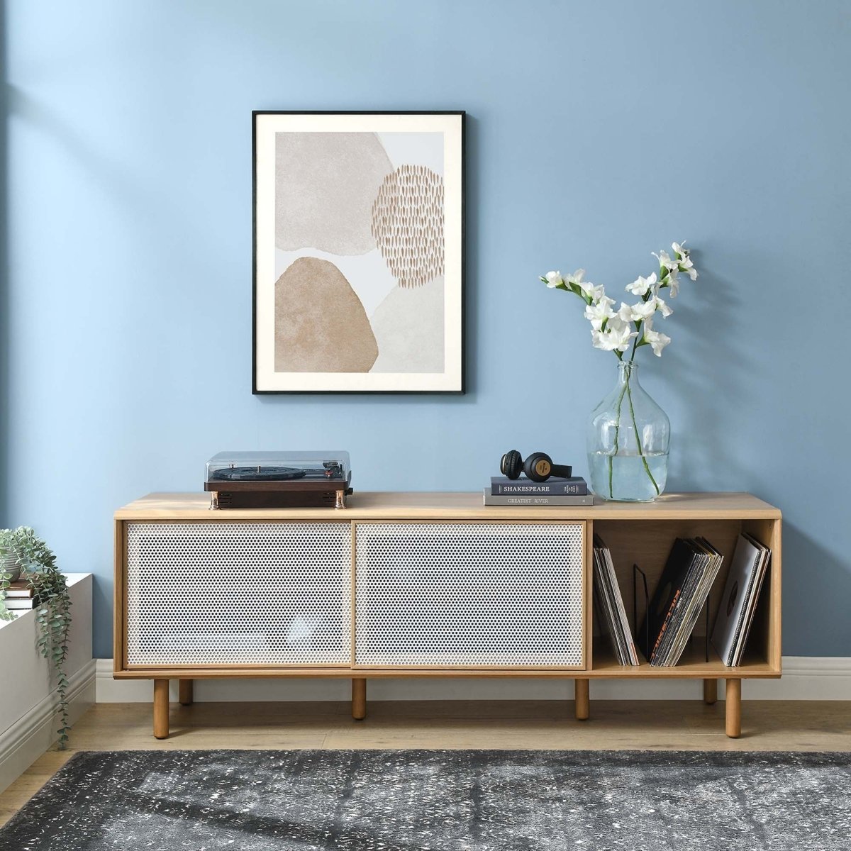 Modern TV and Vinyl Record Stand with Mesh Sliding Doors 67 Inch - TV Stands available at Alpine Outlets in Denver