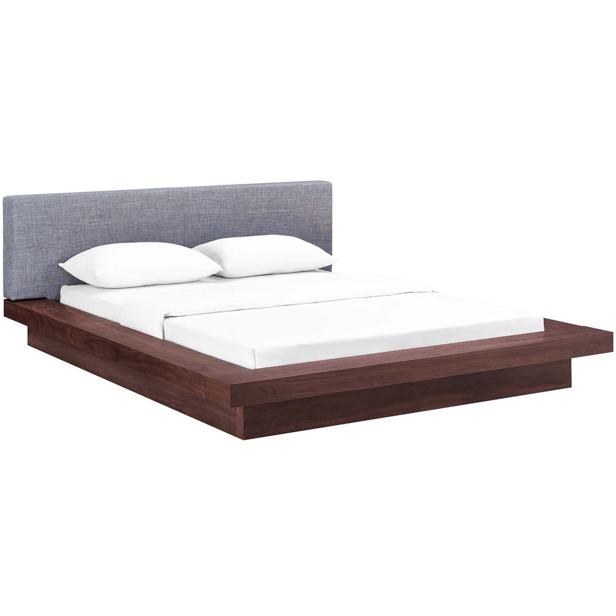 Modern Veneer Queen Platform Bed with Padded Fabric Headboard and Straight Line Profile - Platform Bed available at Alpine Outlets in Denver