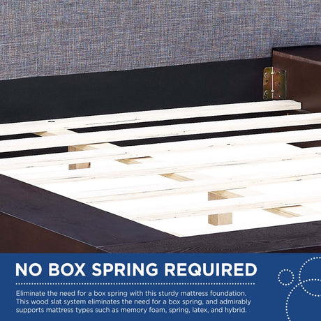 Modern Veneer Queen Platform Bed with Padded Fabric Headboard and Straight Line Profile - Platform Bed available at Alpine Outlets in Denver