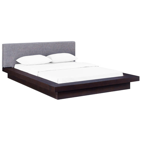 Modern Veneer Queen Platform Bed with Padded Fabric Headboard and Straight Line Profile - Platform Bed available at Alpine Outlets in Denver