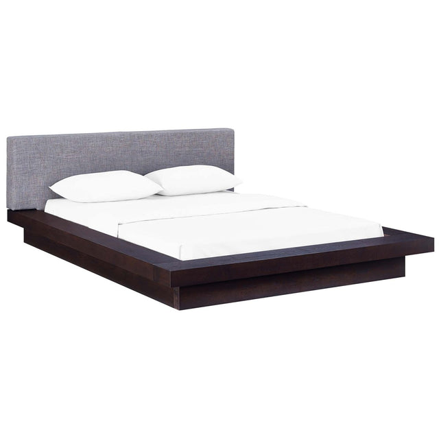 Modern Veneer Queen Platform Bed with Padded Fabric Headboard and Straight Line Profile - Platform Bed available at Alpine Outlets in Denver