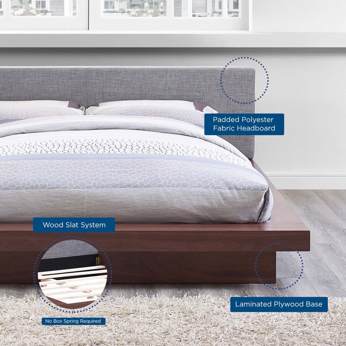 Modern Veneer Queen Platform Bed with Padded Fabric Headboard and Straight Line Profile - Platform Bed available at Alpine Outlets in Denver