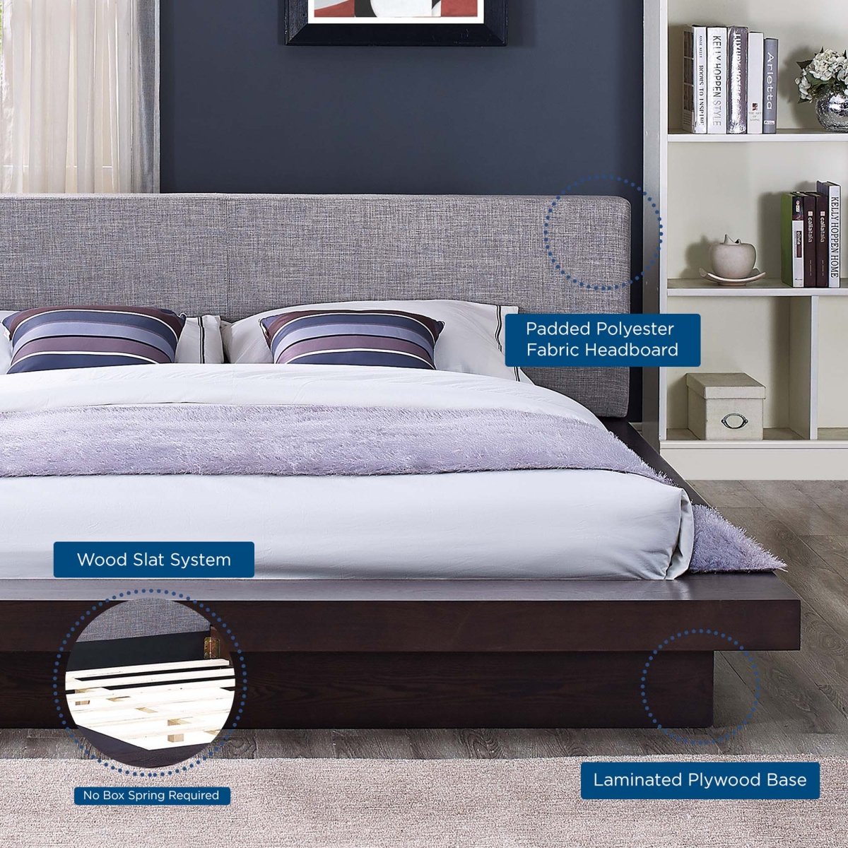Modern Veneer Queen Platform Bed with Padded Fabric Headboard and Straight Line Profile - Platform Bed available at Alpine Outlets in Denver