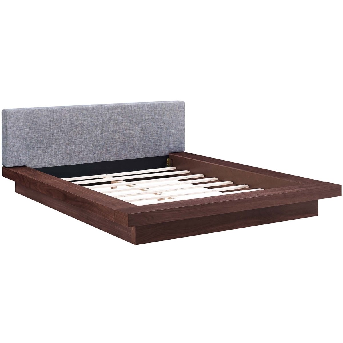 Modern Veneer Queen Platform Bed with Padded Fabric Headboard and Straight Line Profile - Platform Bed available at Alpine Outlets in Denver