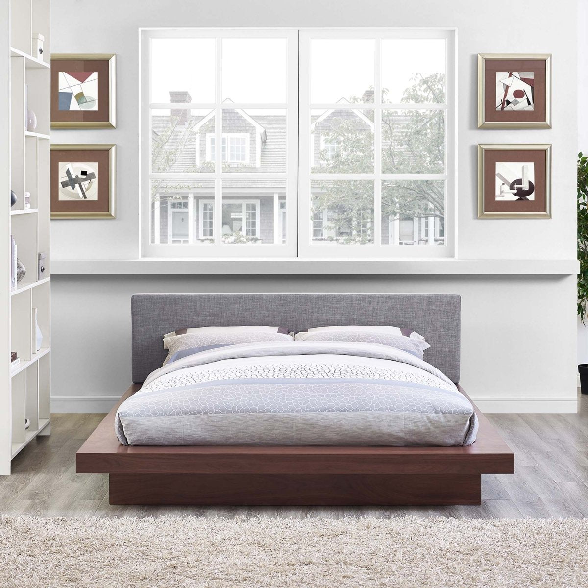 Modern Veneer Queen Platform Bed with Padded Fabric Headboard and Straight Line Profile - Platform Bed available at Alpine Outlets in Denver