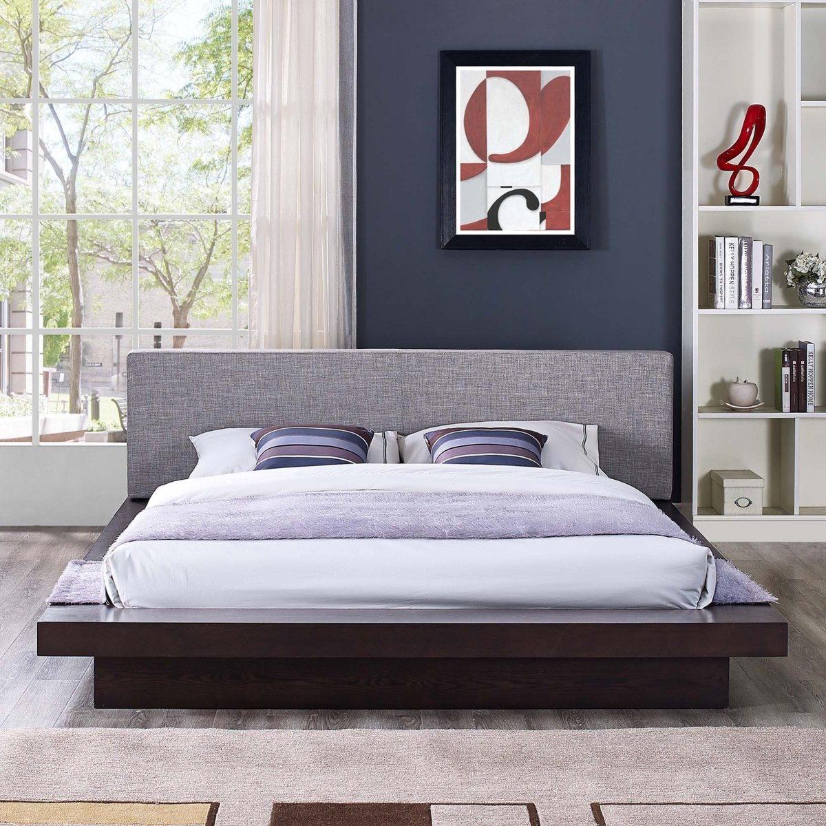 Modern Veneer Queen Platform Bed with Padded Fabric Headboard and Straight Line Profile - Platform Bed available at Alpine Outlets in Denver