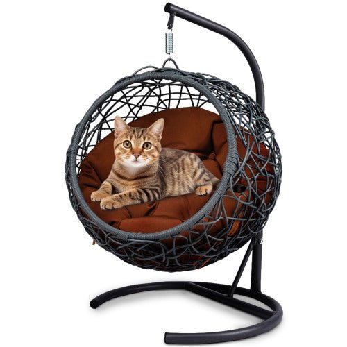 Nestle Cat Swing Bed with Wicker Look and Cushion – Brown - Pet Furniture - Alpine Outlets