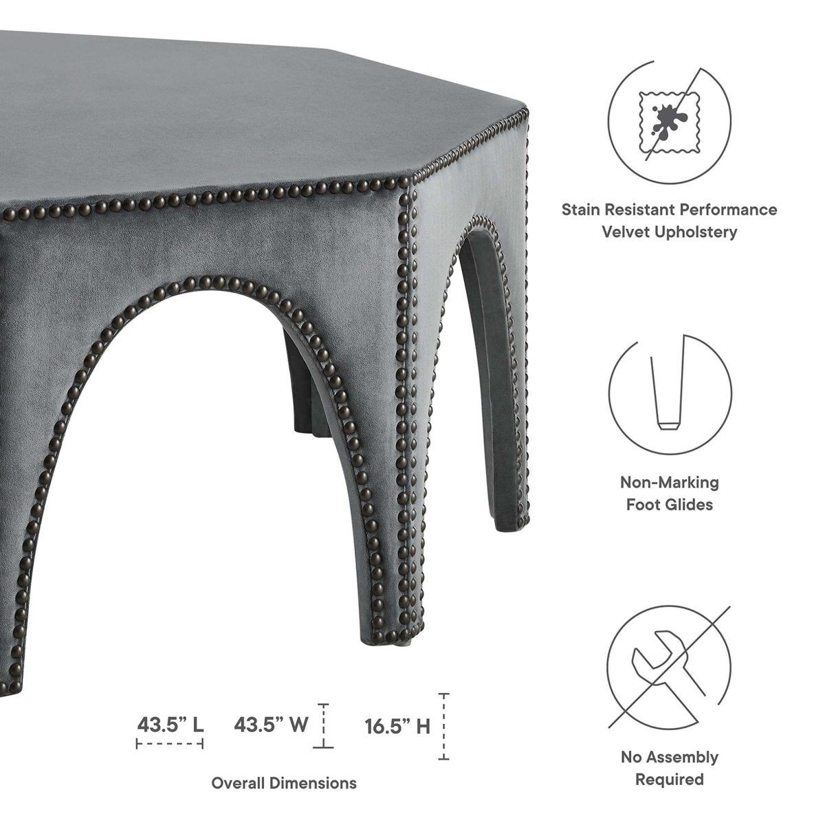 Octagon Velvet Ottoman with Nailhead Trim – 44 Inch - Ottomans available at Alpine Outlets in Denver