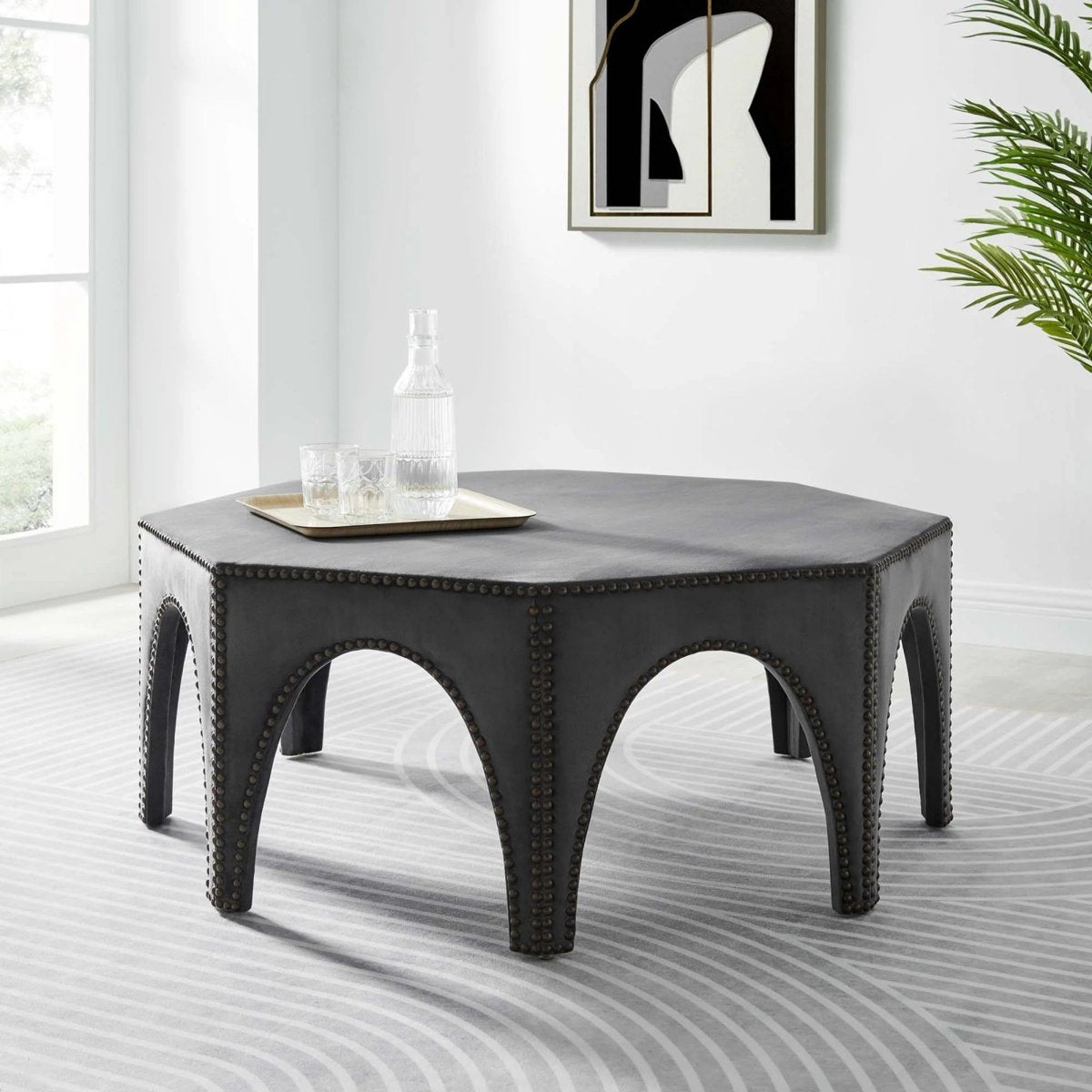 Octagon Velvet Ottoman with Nailhead Trim – 44 Inch - Ottomans available at Alpine Outlets in Denver