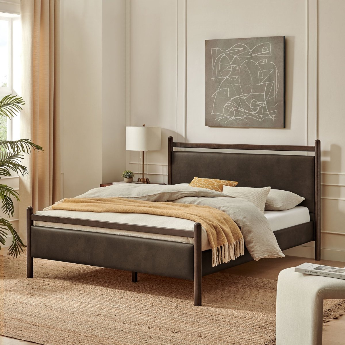 Padded Fabric Platform Bed with Light Oak Accents - Platform Bed available at Alpine Outlets in Denver