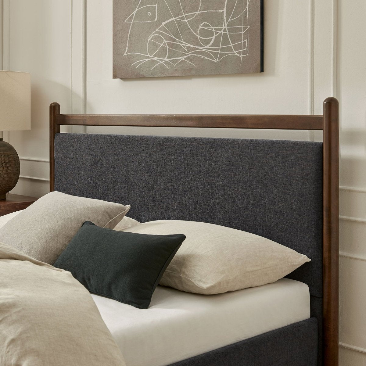 Padded Fabric Platform Bed with Light Oak Accents - Platform Bed available at Alpine Outlets in Denver