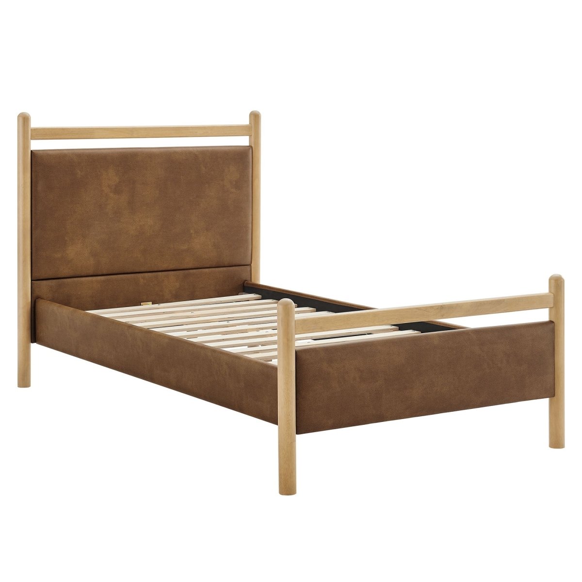 Padded Fabric Platform Bed with Light Oak Accents - Platform Bed available at Alpine Outlets in Denver
