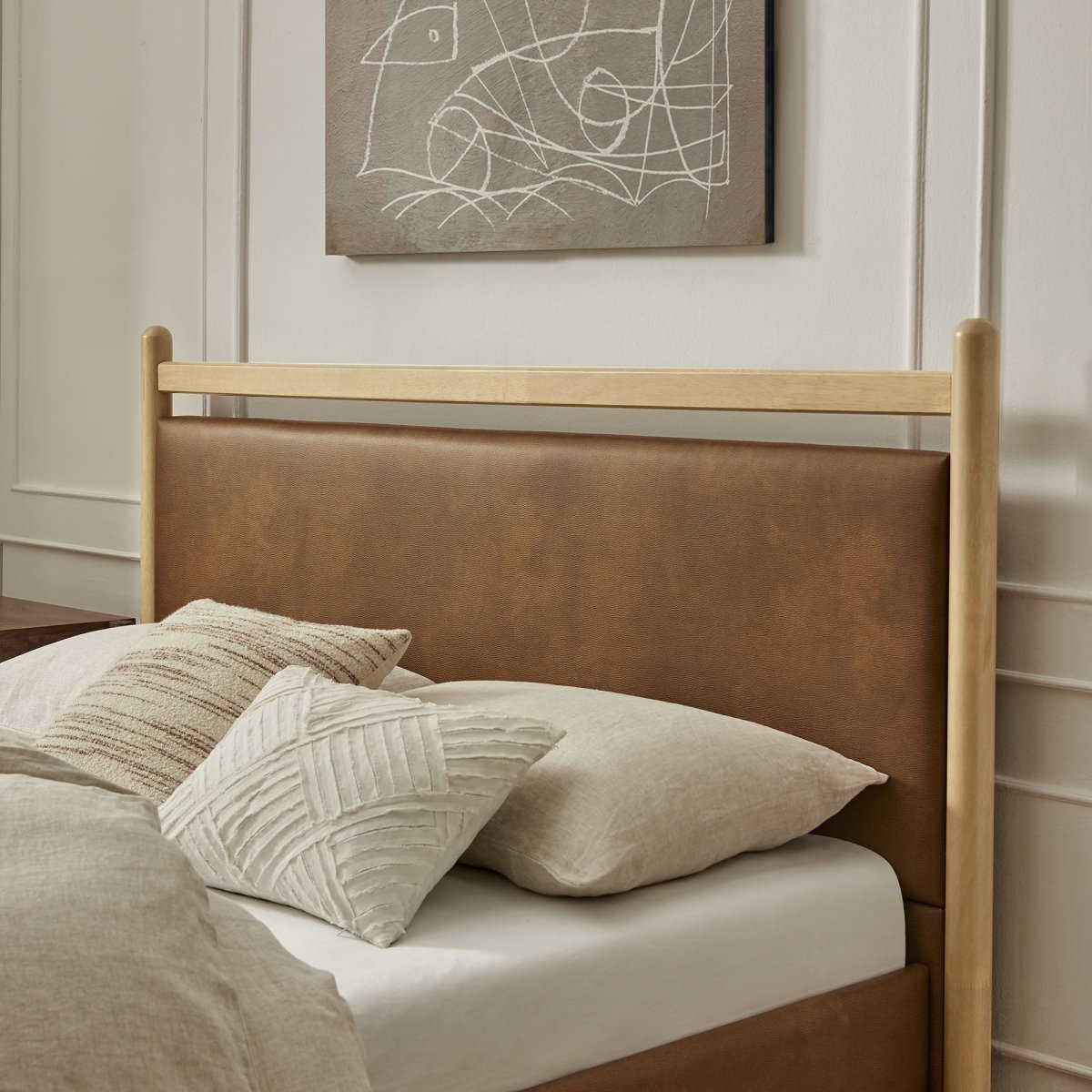 Padded Fabric Platform Bed with Light Oak Accents - Platform Bed available at Alpine Outlets in Denver