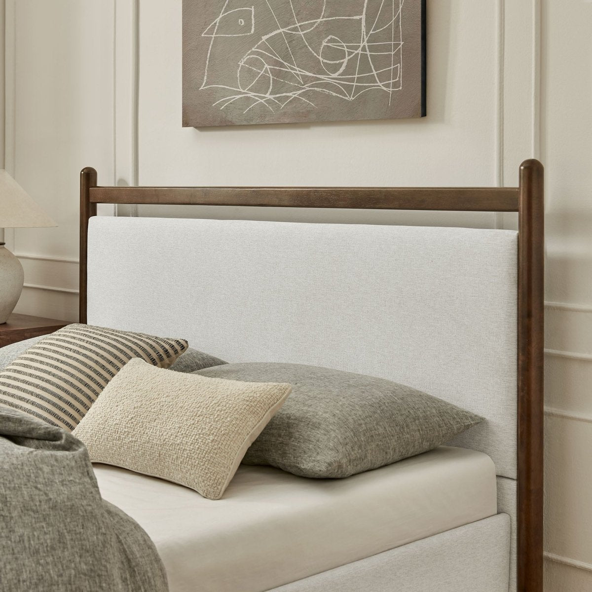 Padded Fabric Platform Bed with Light Oak Accents - Platform Bed available at Alpine Outlets in Denver