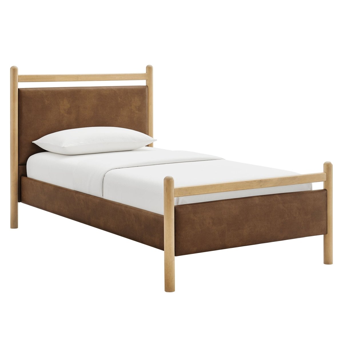 Padded Fabric Platform Bed with Light Oak Accents - Platform Bed available at Alpine Outlets in Denver