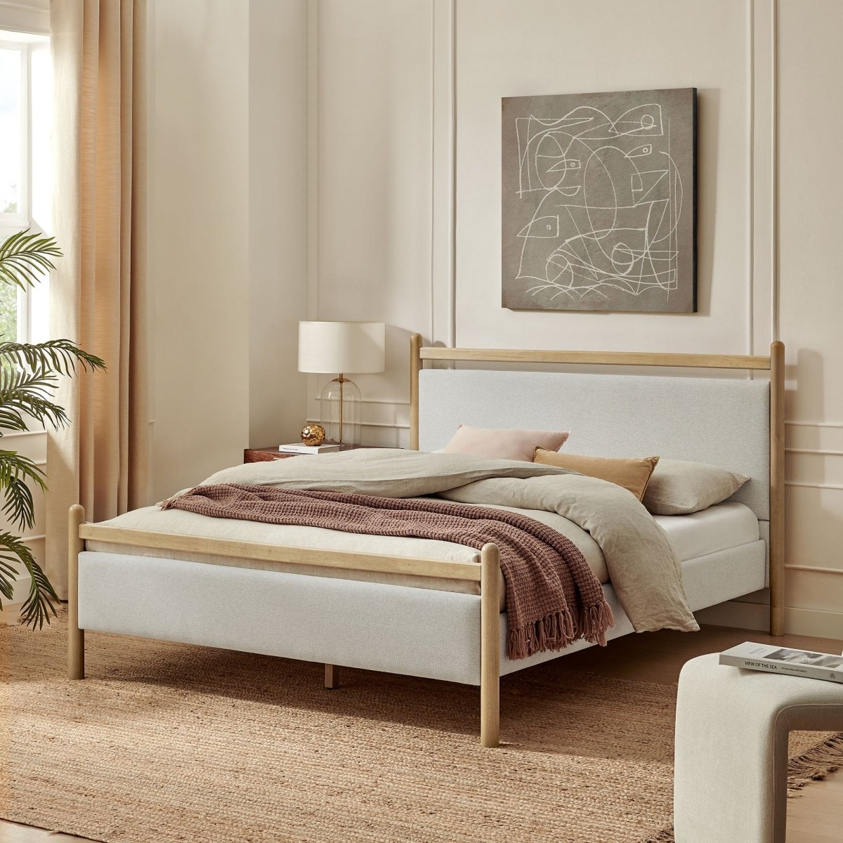 Padded Fabric Platform Bed with Light Oak Accents - Platform Bed available at Alpine Outlets in Denver