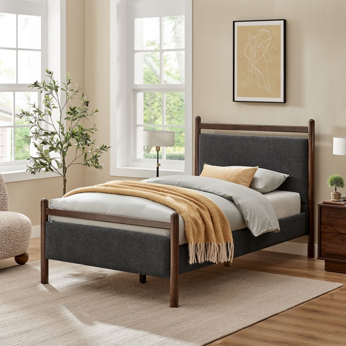 Padded Fabric Platform Bed with Light Oak Accents - Platform Bed available at Alpine Outlets in Denver