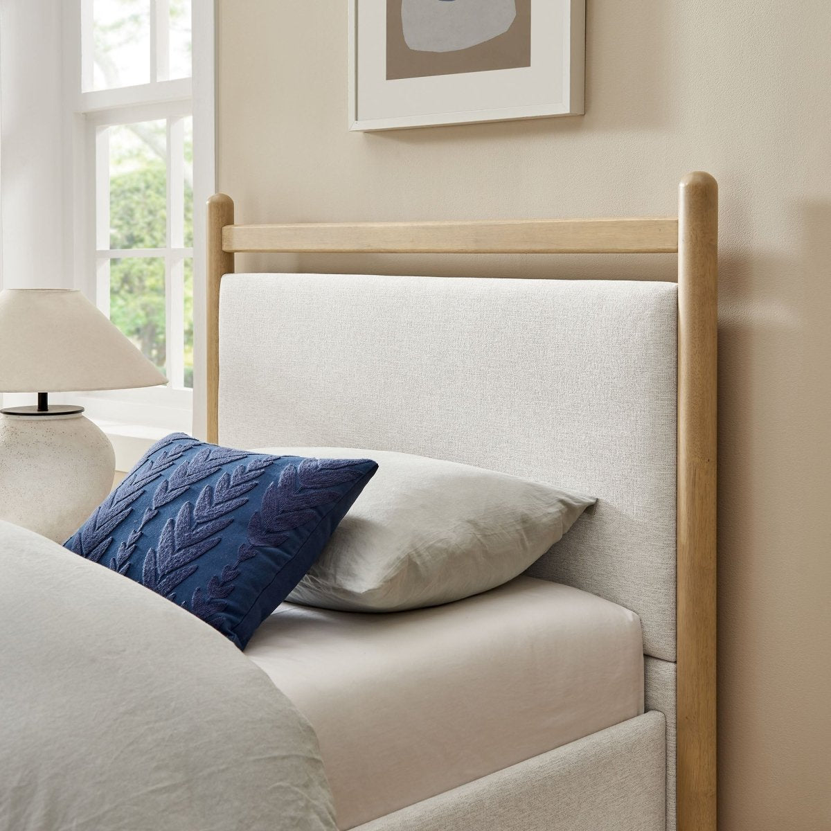 Padded Fabric Platform Bed with Light Oak Accents - Platform Bed available at Alpine Outlets in Denver