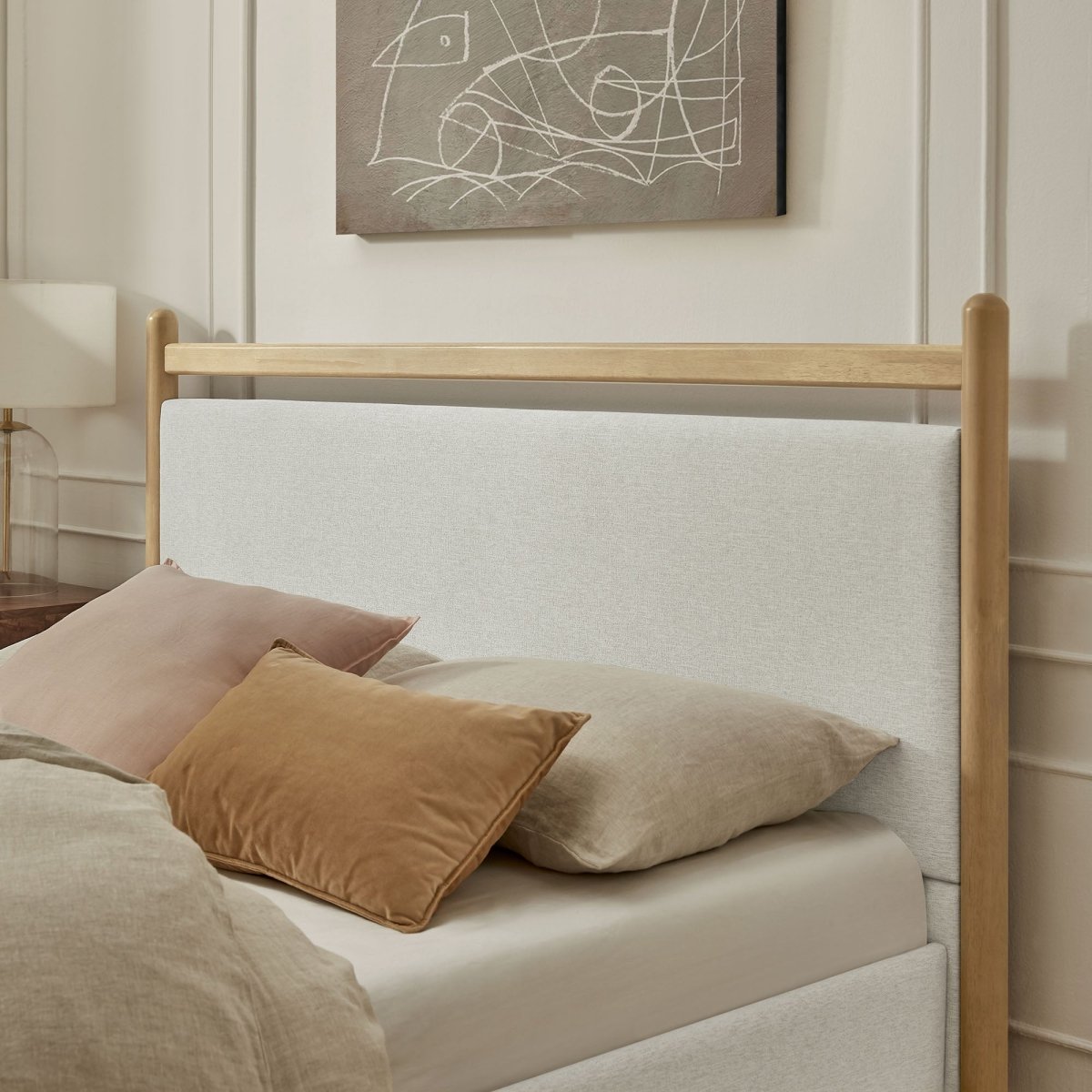 Padded Fabric Platform Bed with Light Oak Accents - Platform Bed available at Alpine Outlets in Denver