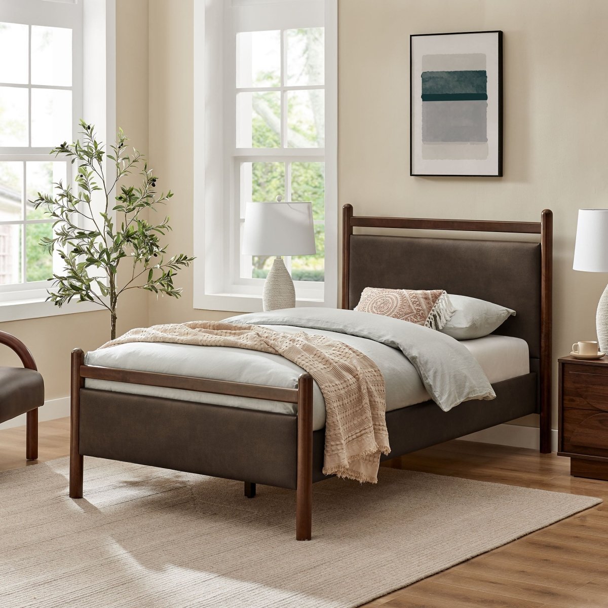 Padded Fabric Platform Bed with Light Oak Accents - Platform Bed available at Alpine Outlets in Denver