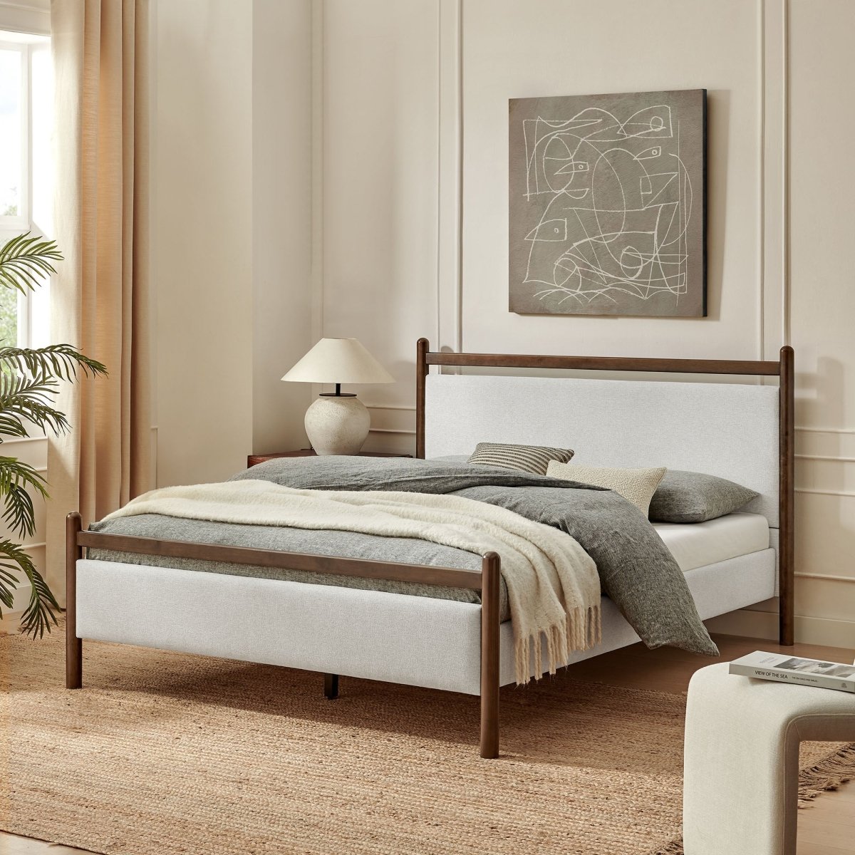 Padded Fabric Platform Bed with Light Oak Accents - Platform Bed available at Alpine Outlets in Denver