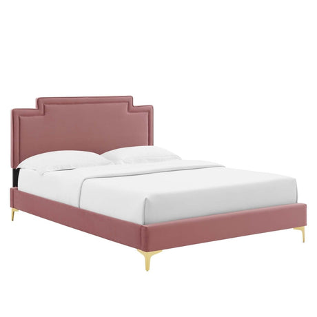 Performance Velvet King Platform Bed with French Piping and Gold Legs - Platform Bed available at Alpine Outlets in Denver