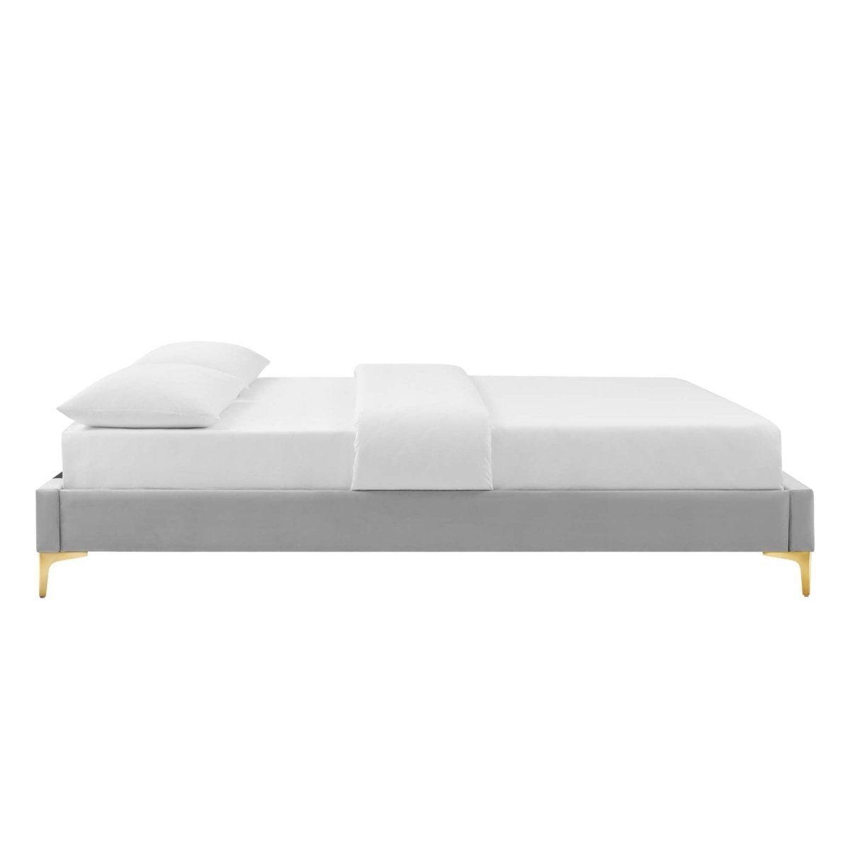 Performance Velvet Platform Bed Frame with Gold Metal Legs - Platform Bed available at Alpine Outlets in Denver
