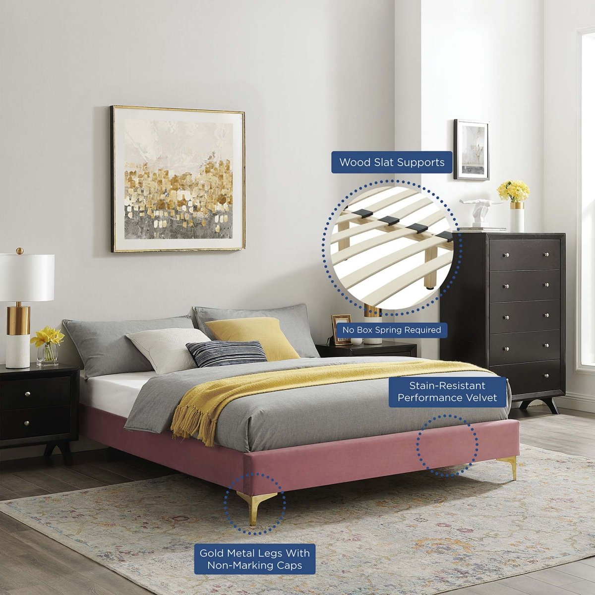Performance Velvet Platform Bed Frame with Gold Metal Legs - Platform Bed available at Alpine Outlets in Denver