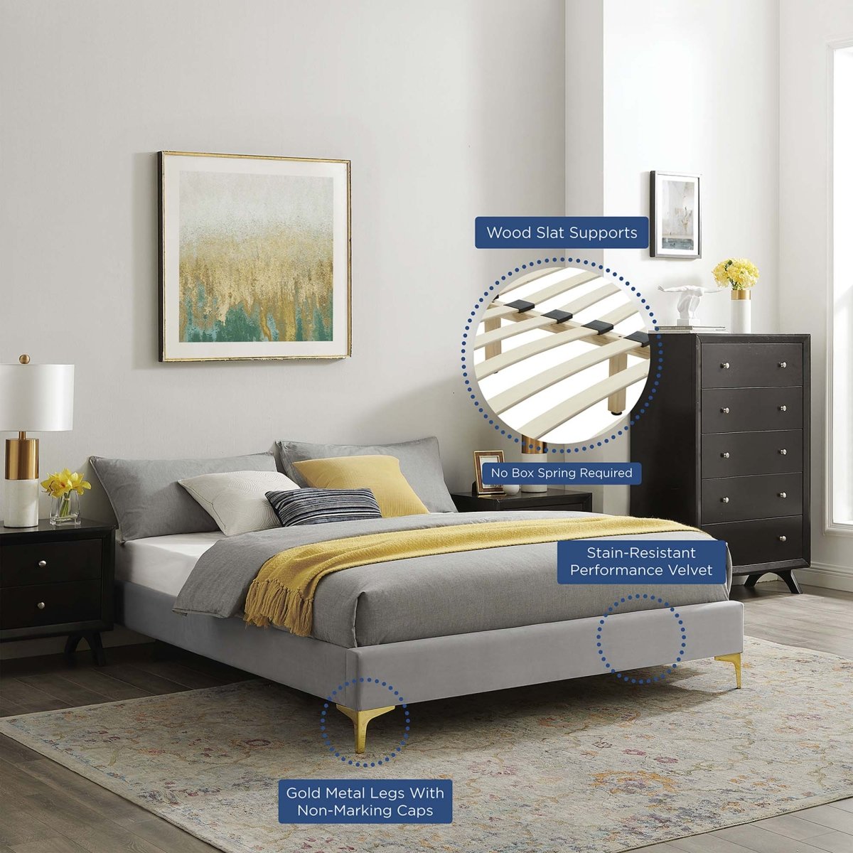 Performance Velvet Platform Bed Frame with Gold Metal Legs - Platform Bed available at Alpine Outlets in Denver