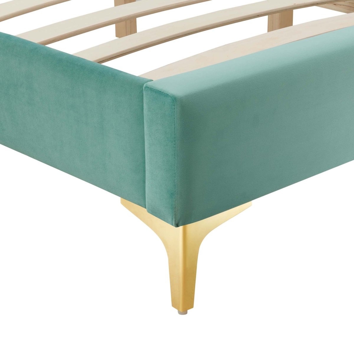 Performance Velvet Platform Bed Frame with Gold Metal Legs - Platform Bed available at Alpine Outlets in Denver