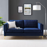 Performance Velvet Sofa with Gold Metal Legs in Charcoal - Living Room Furniture available at Alpine Outlets in Denver