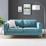 Performance Velvet Sofa with Gold Metal Legs in Charcoal - Living Room Furniture available at Alpine Outlets in Denver