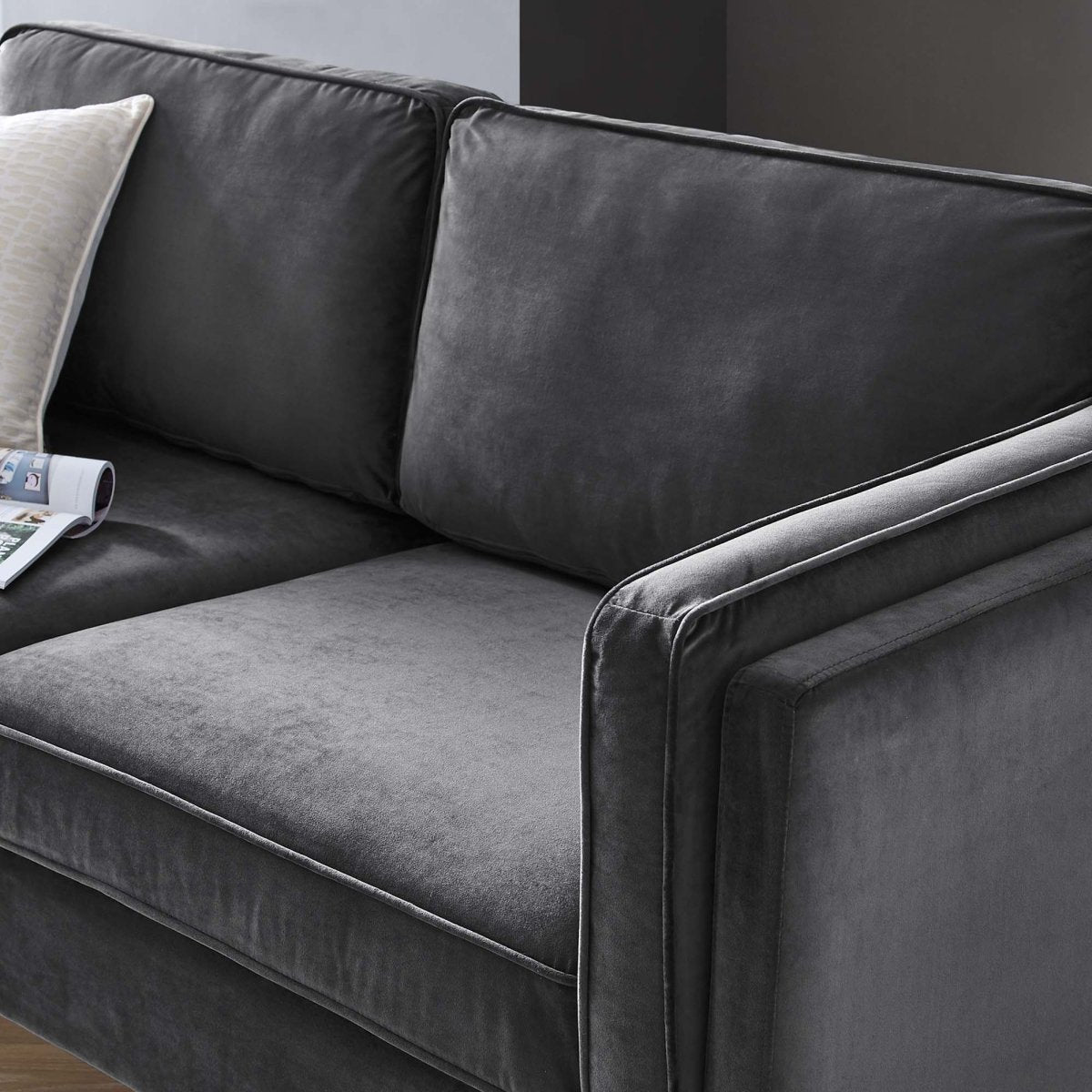 Performance Velvet Sofa with Gold Metal Legs in Charcoal - Living Room Furniture available at Alpine Outlets in Denver