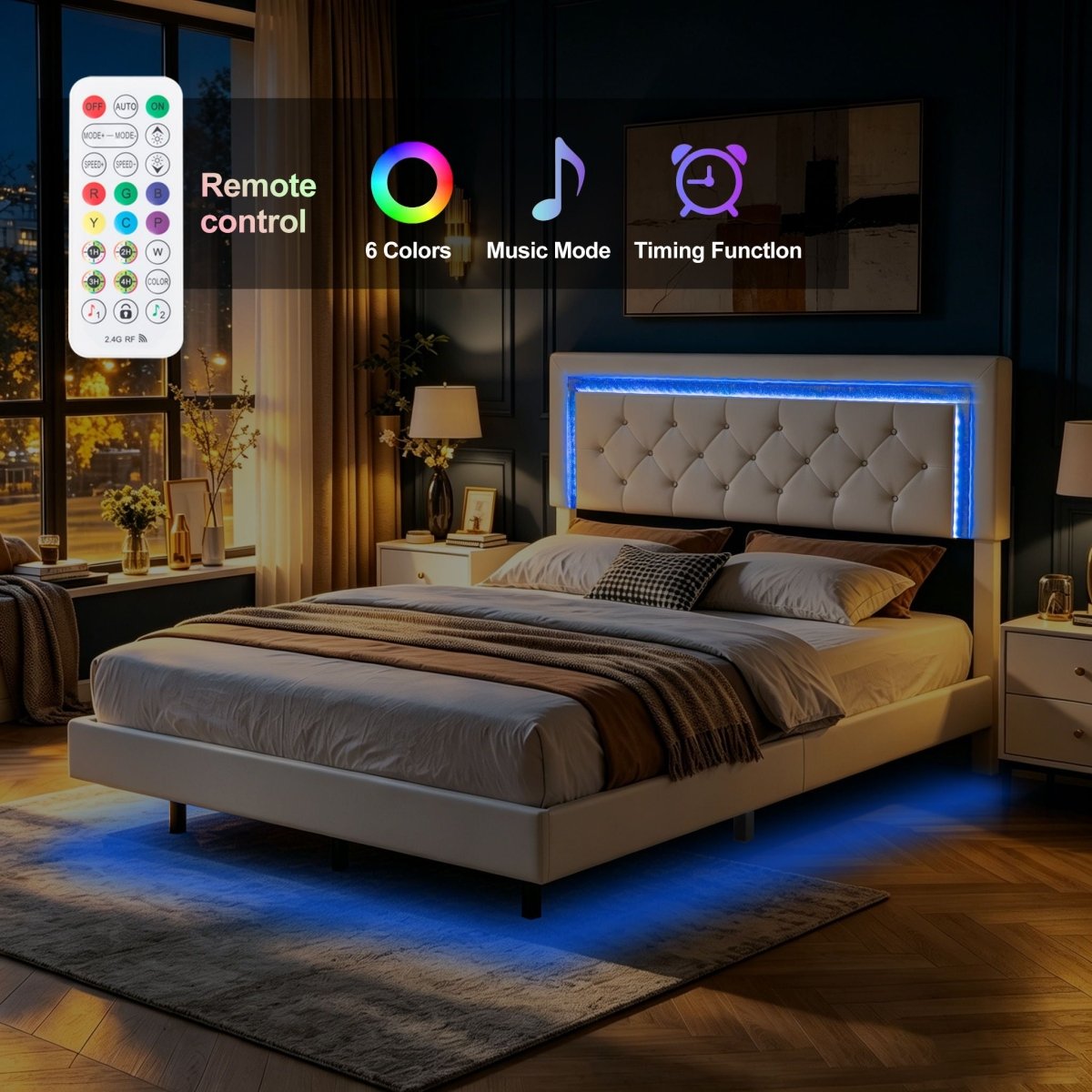 Platform Bed Frame With Adjustable Upholstered Headboard, RGB LED Lights, No Box Spring Needed - Platform Beds available at Alpine Outlets in Denver