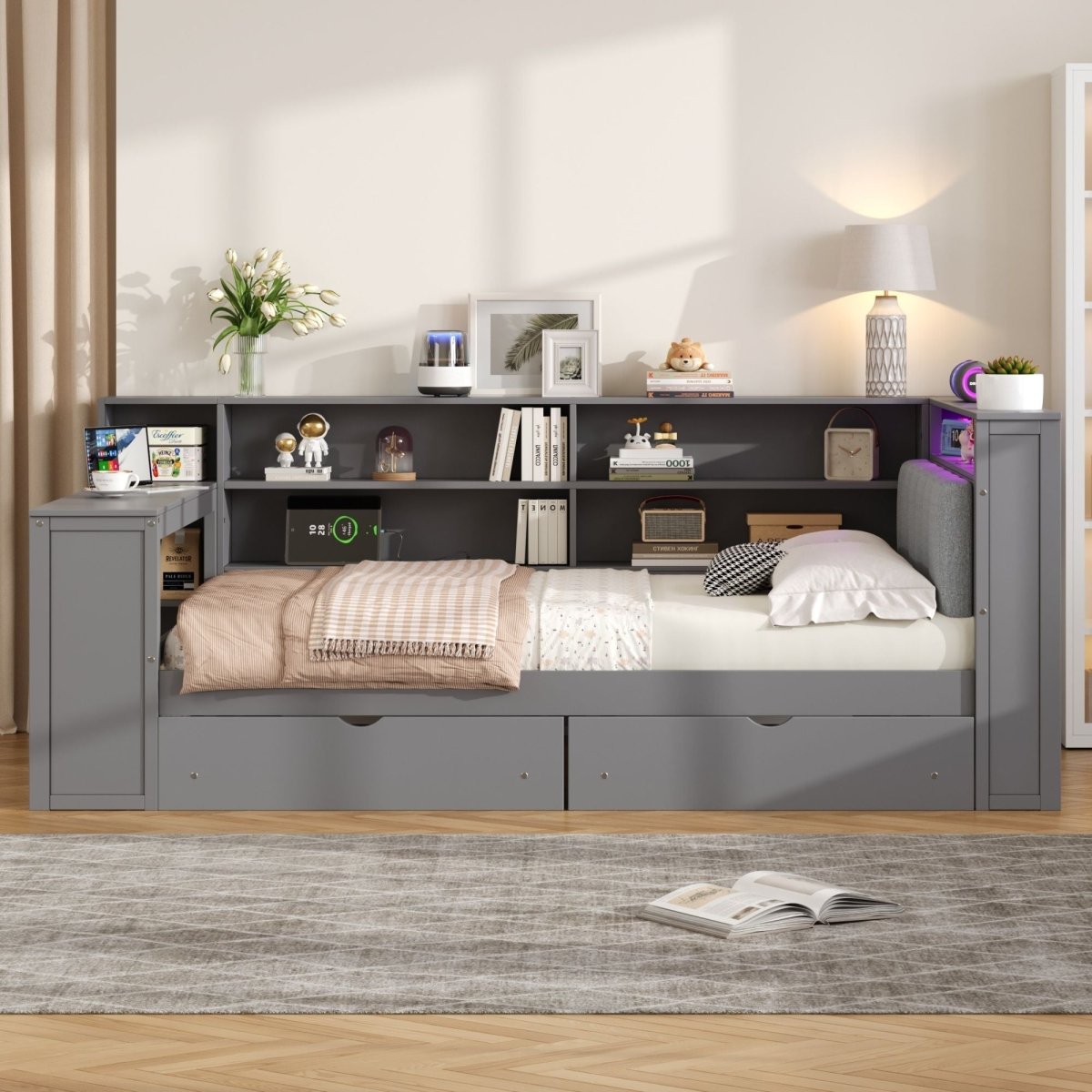 Platform Bed With Storage Shelves, Drawers, Charging Station, LED, Desk - Storage Beds available at Alpine Outlets in Denver