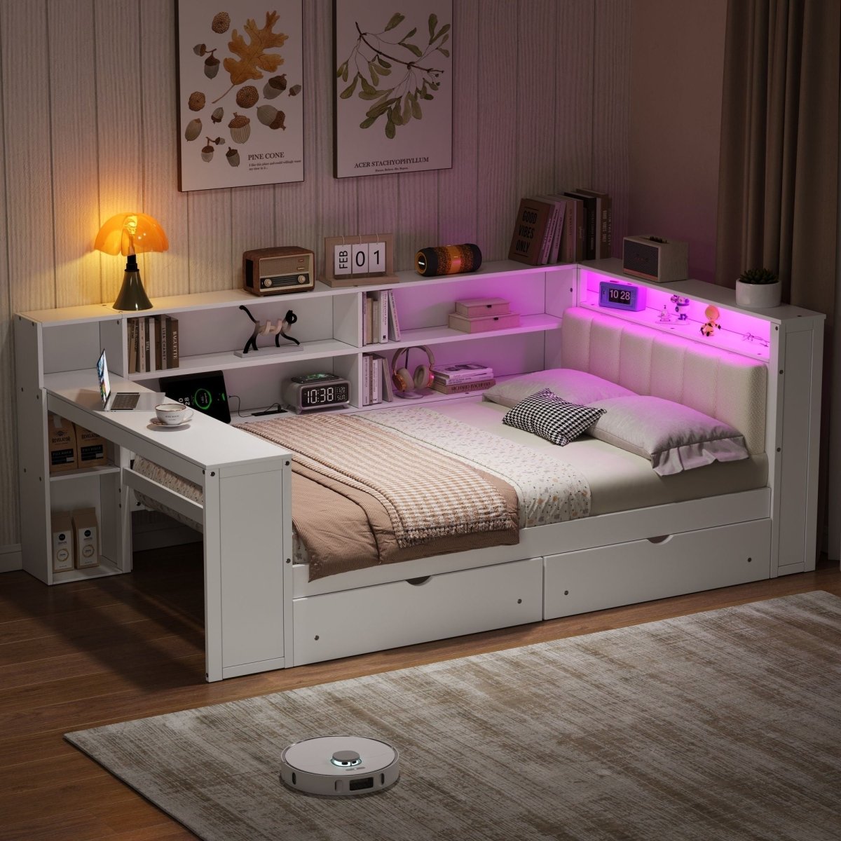 Platform Bed With Storage Shelves, Drawers, Charging Station, LED, Desk - Storage Beds available at Alpine Outlets in Denver