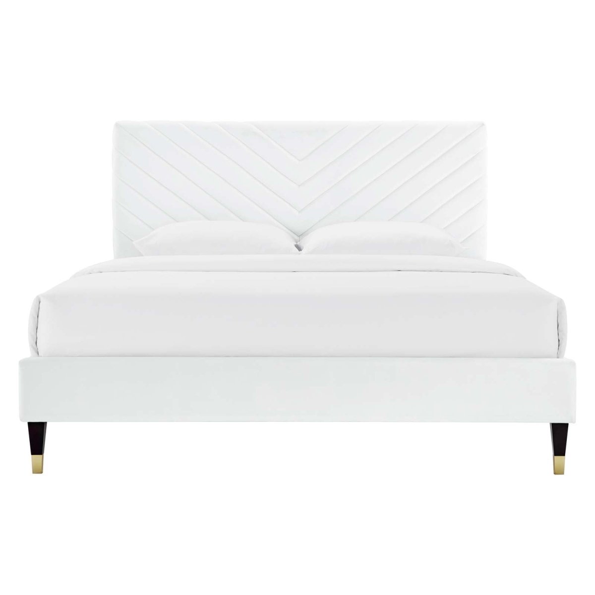 Queen Chevron Tufted Performance Velvet Platform Bed with Gold Detailed Wood Legs - Platform Bed available at Alpine Outlets in Denver