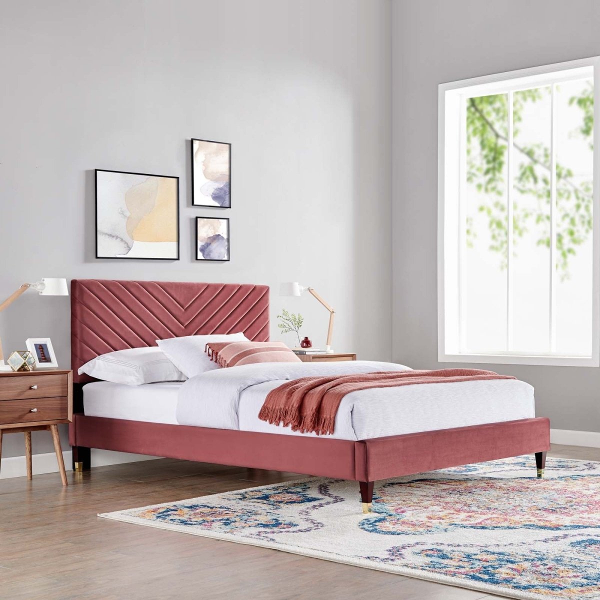 Queen Chevron Tufted Performance Velvet Platform Bed with Gold Detailed Wood Legs - Platform Bed available at Alpine Outlets in Denver
