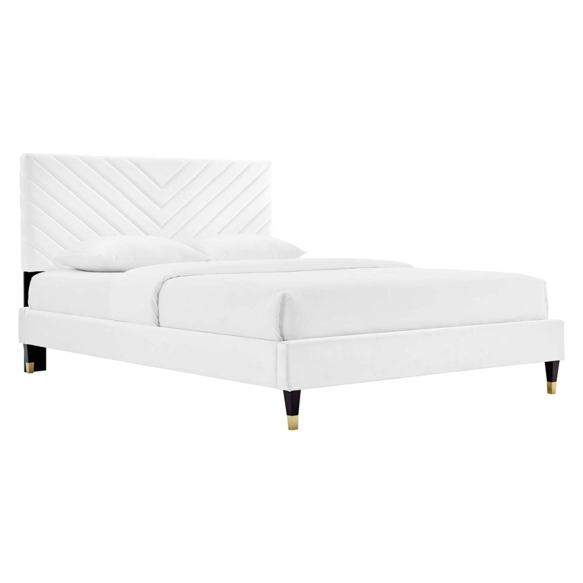 Queen Chevron Tufted Performance Velvet Platform Bed with Gold Detailed Wood Legs - Platform Bed available at Alpine Outlets in Denver