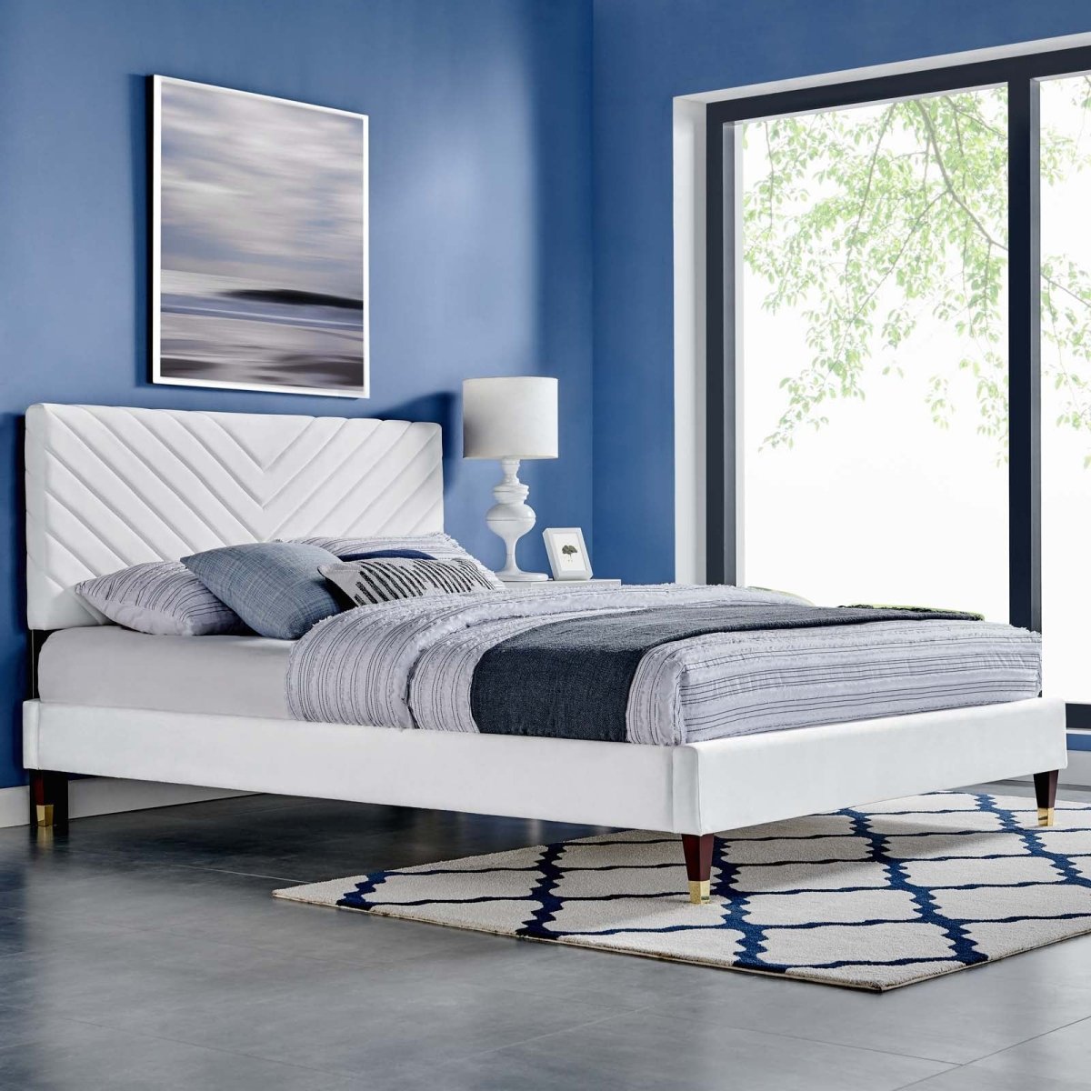 Queen Chevron Tufted Performance Velvet Platform Bed with Gold Detailed Wood Legs - Platform Bed available at Alpine Outlets in Denver