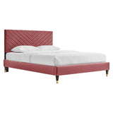Queen Chevron Tufted Performance Velvet Platform Bed with Gold Detailed Wood Legs - Platform Bed available at Alpine Outlets in Denver