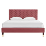 Queen Chevron Tufted Performance Velvet Platform Bed with Gold Detailed Wood Legs - Platform Bed available at Alpine Outlets in Denver