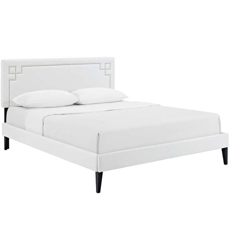 Queen Mid - Century Modern Upholstered Vinyl Platform Bed in White - Platform Bed available at Alpine Outlets in Denver