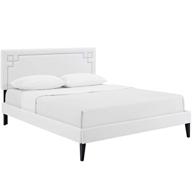 Queen Mid - Century Modern Upholstered Vinyl Platform Bed in White - Platform Bed available at Alpine Outlets in Denver